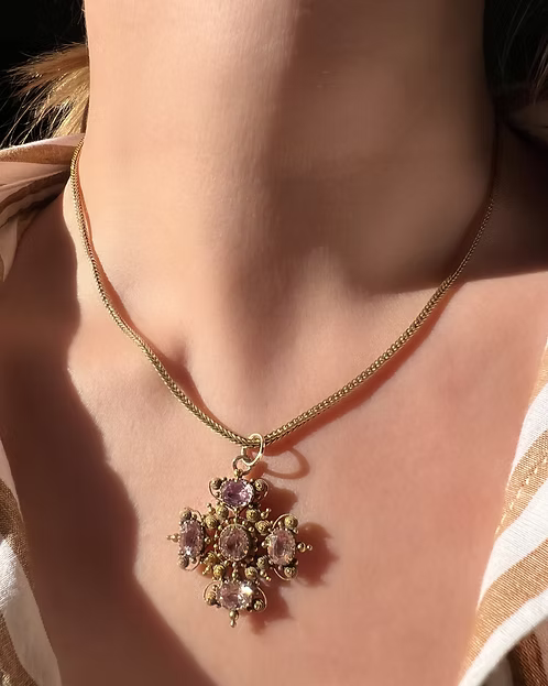 Pink Topaz Cannetille Cross Pendant