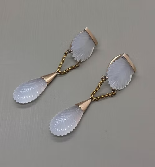 Carved chalcedony shell earrings