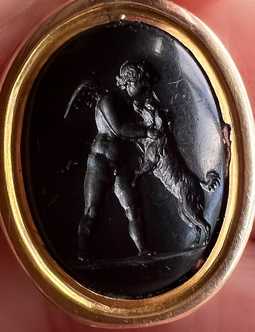 ‘Cupid caressing a dog’ after Marchant