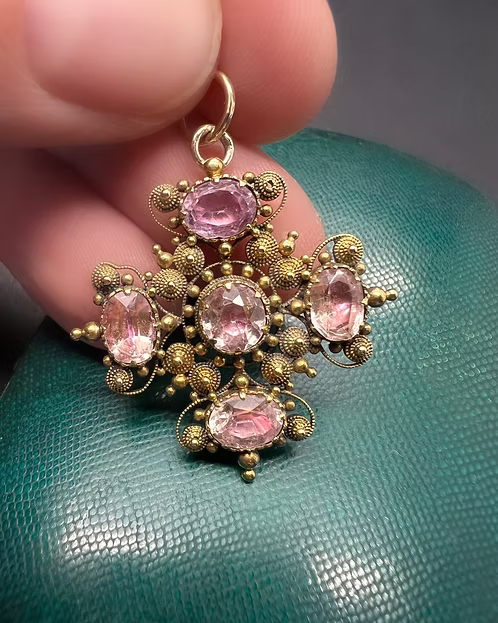 Pink Topaz Cannetille Cross Pendant