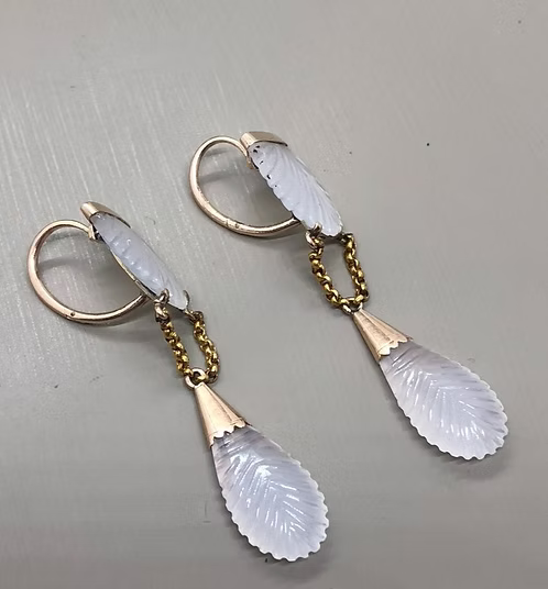 Carved chalcedony shell earrings