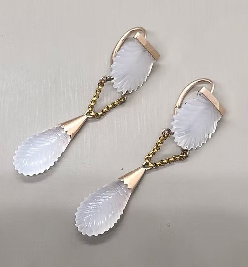 Carved chalcedony shell earrings