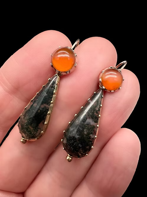 Georgian Moss Agate and Carnelian Earrings