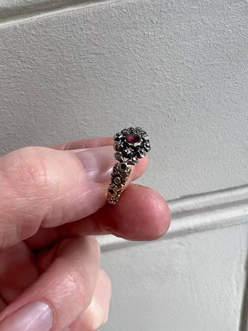 Flat-cut Garnet and Old-cut Diamond Cluster