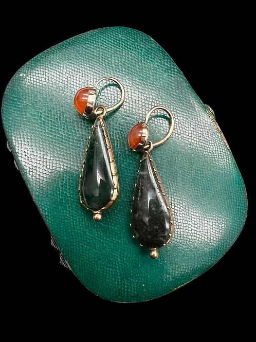 Georgian Moss Agate and Carnelian Earrings