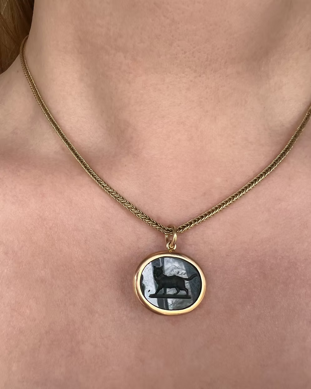 Bloodstone Cat Intaglio Pendant
