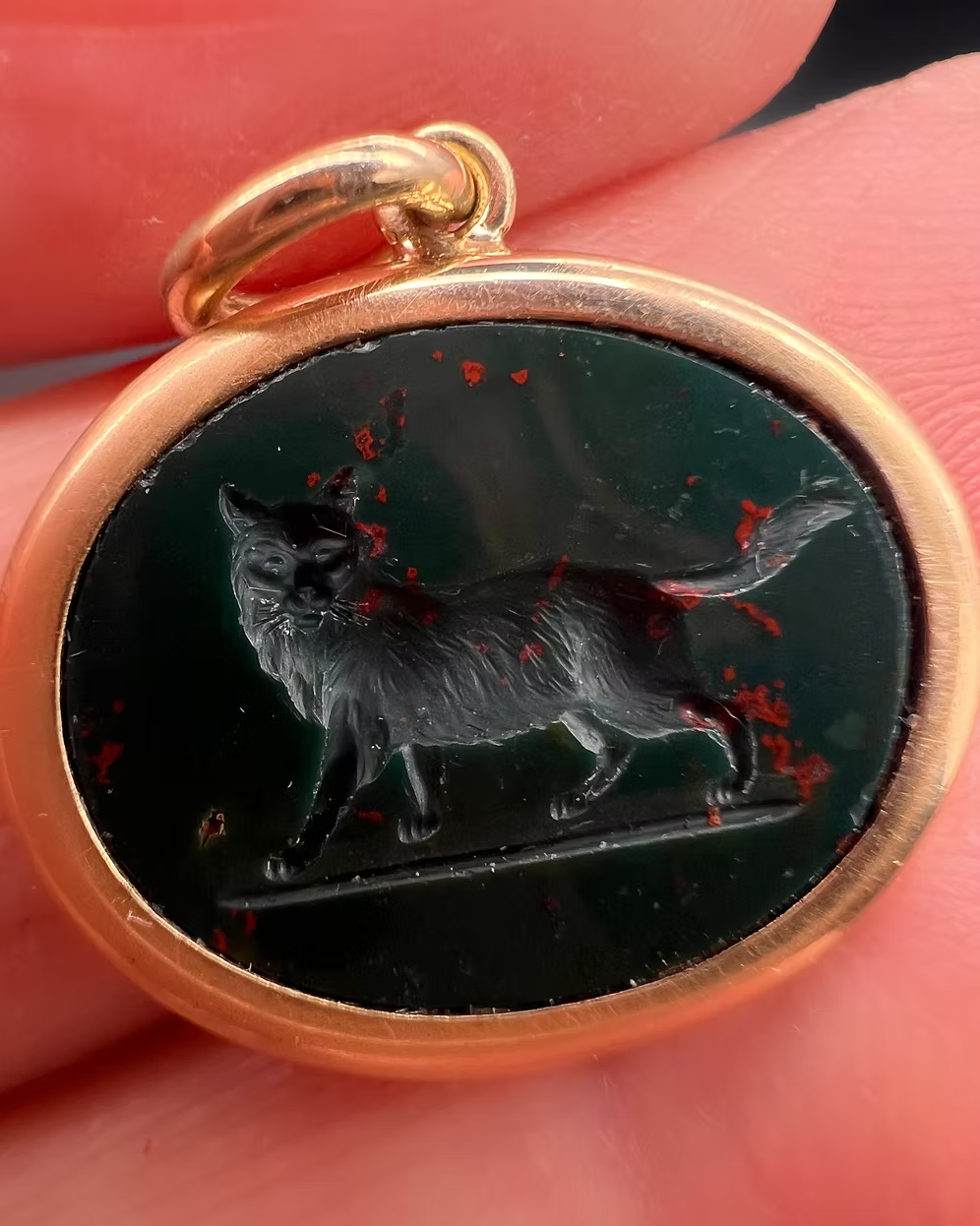 Bloodstone Cat Intaglio Pendant