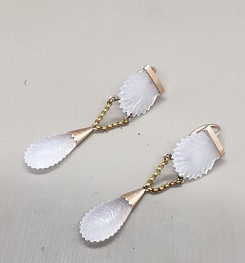 Carved chalcedony shell earrings
