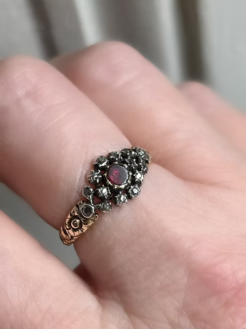 Flat-cut Garnet and Old-cut Diamond Cluster