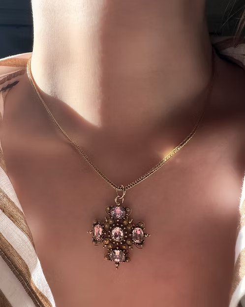 Pink Topaz Cannetille Cross Pendant