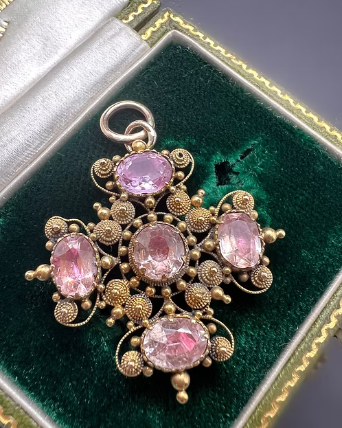 Pink Topaz Cannetille Cross Pendant